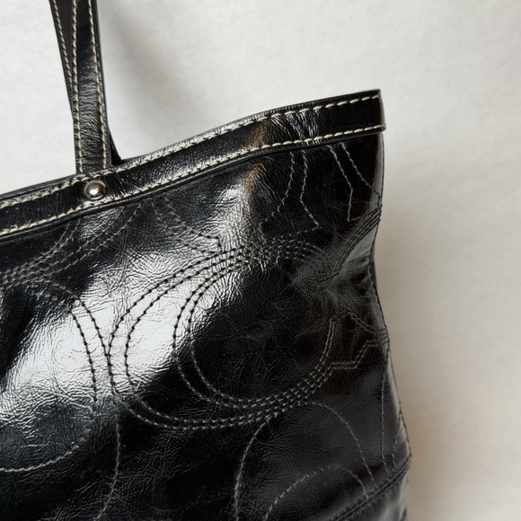 Coach Signature Logo Black Patent Leather Stitch Tote Shoulder Bag Double F15142 - Picture 6 of 16